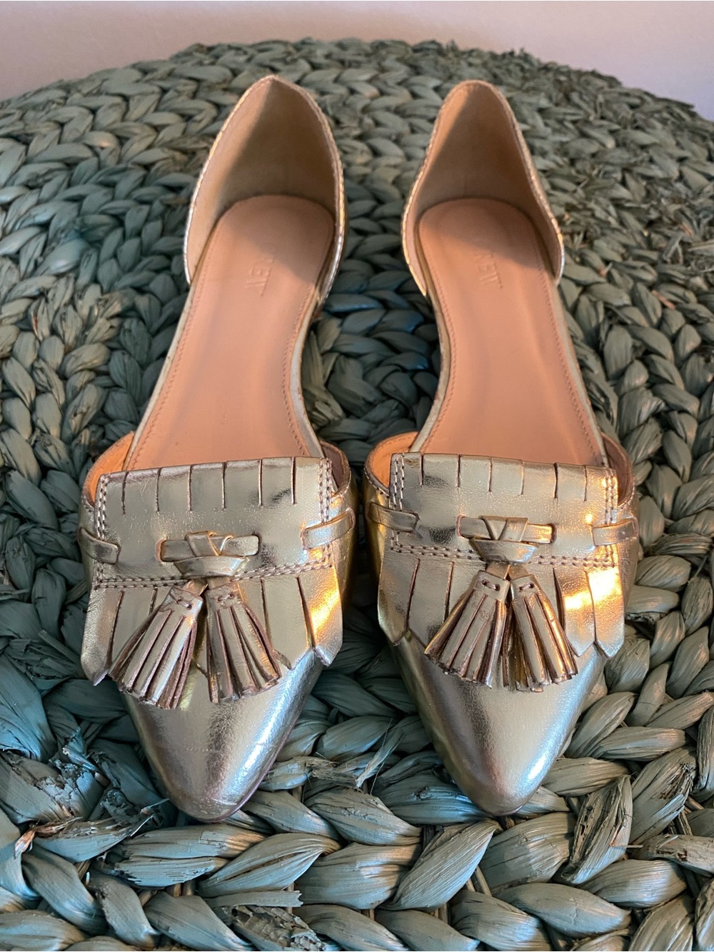J.Crew Metallic Gold Tassel Pointed-Toe D'Orsay Flats
